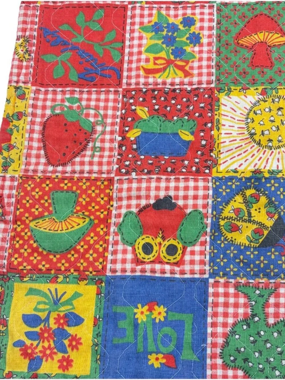 VTG Retro Mushroom Flower Power Quilted Patchwork Quilt Calico Gingham 19x31”